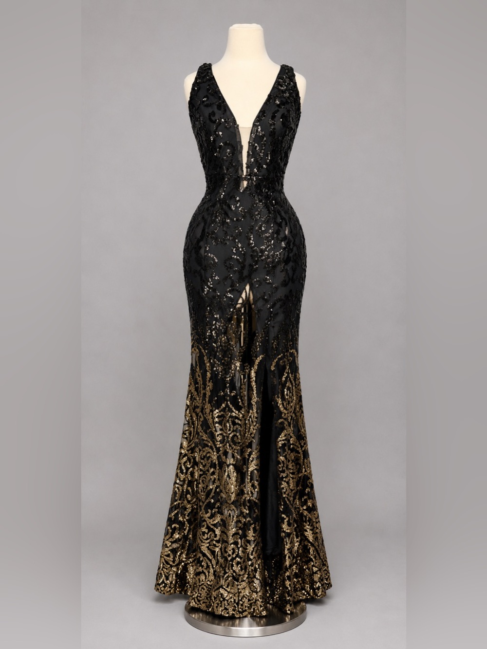 Fashion Nova S Black Gold Sequin Maxi Gown Plunge V Neck Slit Formal Dress